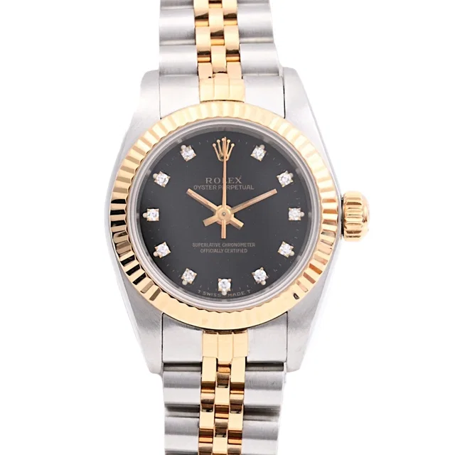 Rolex c. 1993 10P Diamond Oyster Perpetual 24mm 67193G Automatic Black in Black from VINTAGE QOO TOKYO