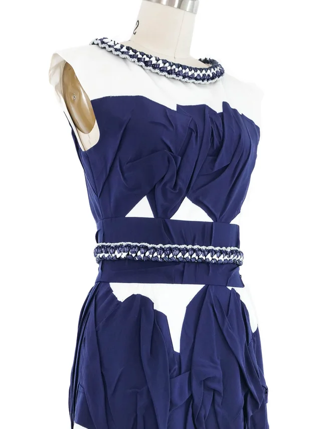 2014 Chanel Navy and White Chain Trimmed Dress in White Silk from Arcade Vintage, photo 2 of 2