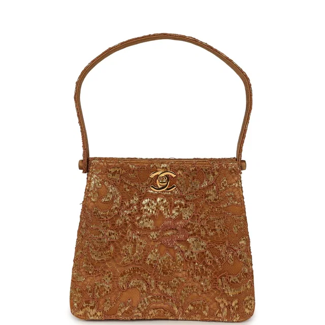 Chanel Vintage Mini Double Side Turnlock Bag Dark Gold Jacquard Lace, Satin Gold Hardware in Gold Satin from Madison Avenue Couture