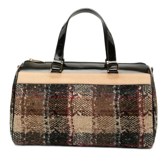Brown Burberry Plaid Wool Boston Bag in Brown Wool from Designer Revival