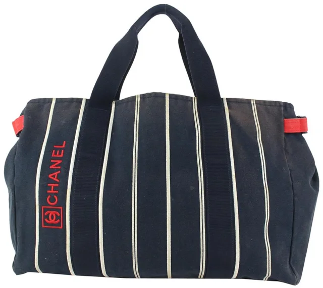 Chanel Navy Blue Stripe Sports Line Duffle Tote bag in Navy Canvas from Bagriculture
