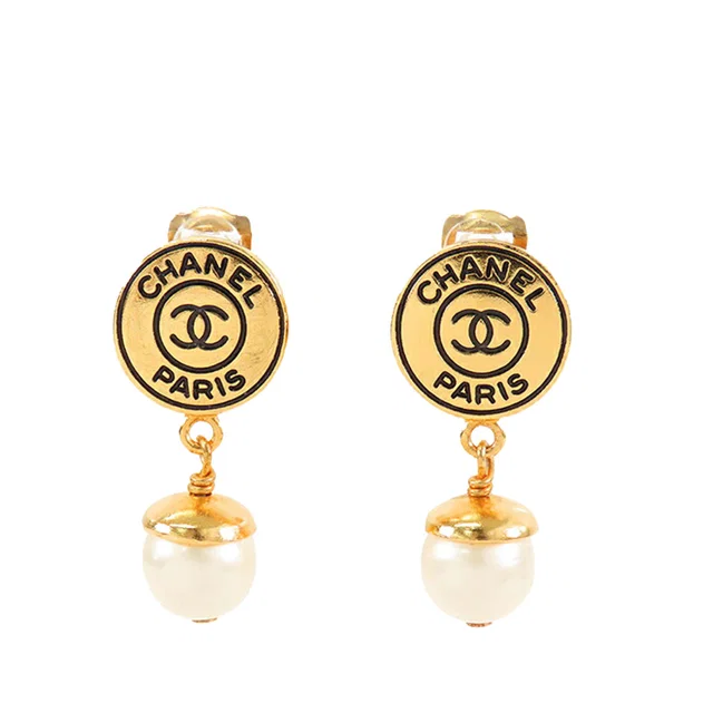 Gold Chanel CC Gold Plated Faux Pearl Drop Clip On Earrings in Gold from Designer Revival