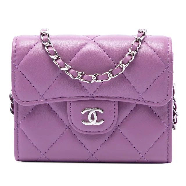 Purple Chanel CC Quilted Lambskin Flap Card Holder on Chain Crossbody Bag in Purple Lambskin from Designer Revival
