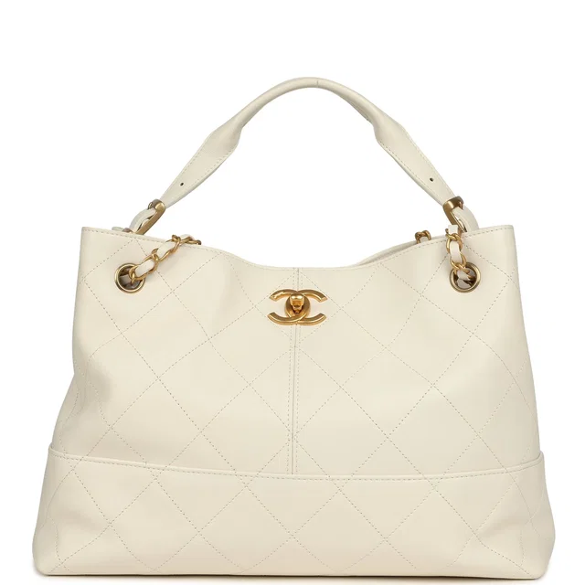 Chanel Small Coco Hobo Bag White Calfskin Antique Gold Hardware in White Calfskin from Madison Avenue Couture