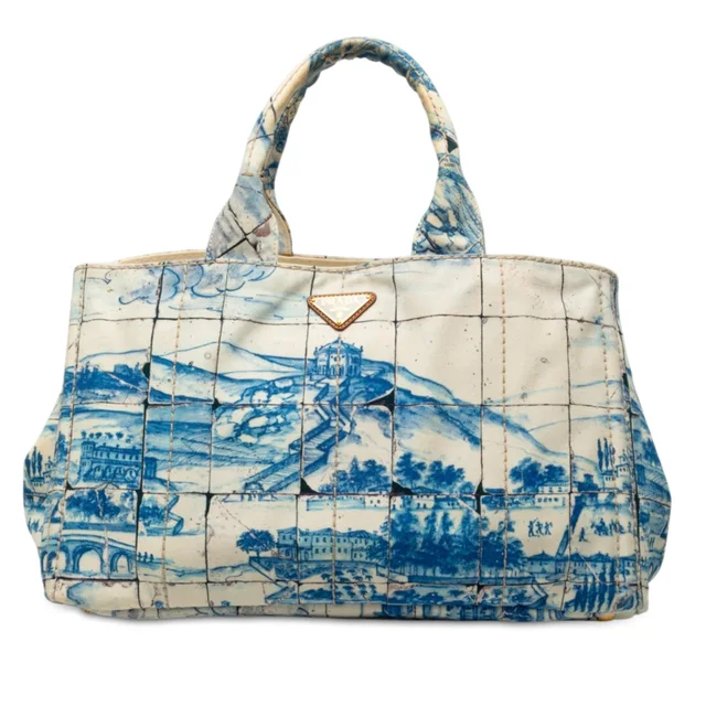 Blue Prada Large Canvas Canapa Azulejos Satchel in Blue Canvas from Designer Revival
