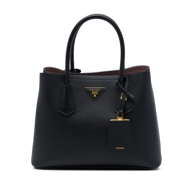 Black Prada Small Saffiano Cuir Double Satchel in Black Saffiano leather from Designer Revival
