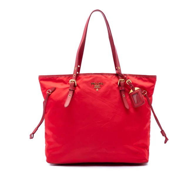 Red Prada Saffiano Trimmed Tessuto Tote in Red Saffiano leather from Designer Revival