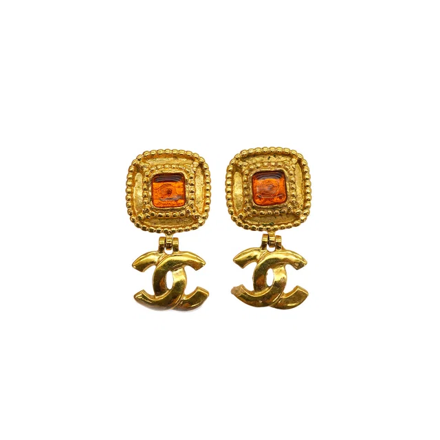 Chanel Vintage Earrings Cocomark Color Stone Gold Accessory 96A in Gold from Luxury Promise