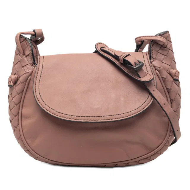 Pink Bottega Veneta Small Intrecciato Trimmed Nappa Nodini Flap Crossbody Bag in Pink Nappa leather from Designer Revival