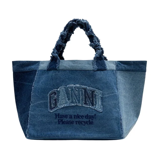 GANNI Logo-Embroidered Denim Tote Bag — Blue Cotton in Blue Denim from HEWI