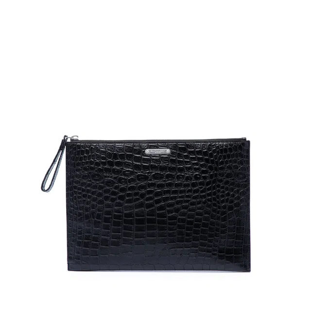 Black Saint Laurent Croc Embossed Leather Clutch in Black Crocodile from Designer Revival