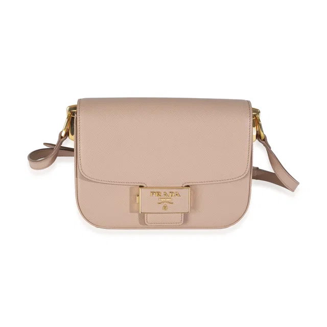 Prada Cipria Saffiano Lux Embleme Flap Shoulder Bag in Saffiano leather from myGemma