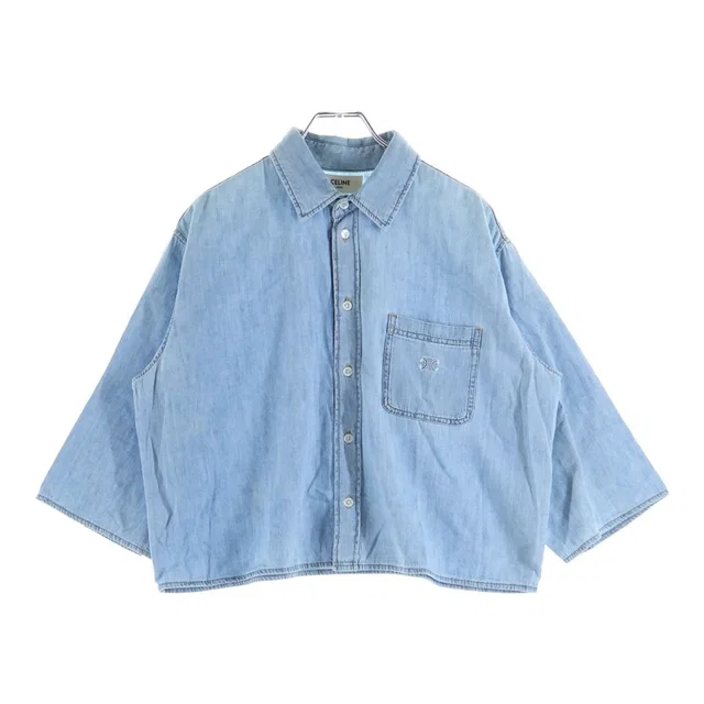 Celine Triomphe Short Sleeve Cropped Denim Shirt Logo Embroidery Indigo in Denim from The Reluxe