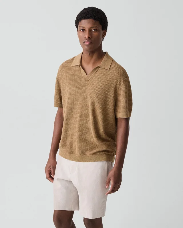 Theory Brenan Polo Shirt in Pacific Linen in FRESH KHAKI 65% Linen, 23% Cotton, 12% Polyester; Exclusive Of Elastic, photo 2 of 12 from Theory