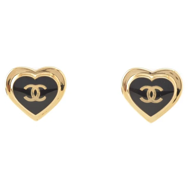 Chanel CC Logo Heart Earrings Black Gold in Black from The Reluxe