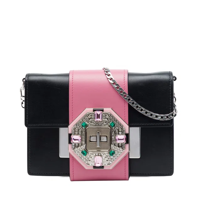 Black Prada City Calf Crystal Embellished Ribbon Bag in Black Leather from Designer Revival