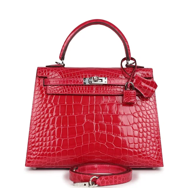 Hermès Kelly Sellier 25 Rose Extreme Shiny Alligator Palladium Hardware in Pink Crocodile from Madison Avenue Couture