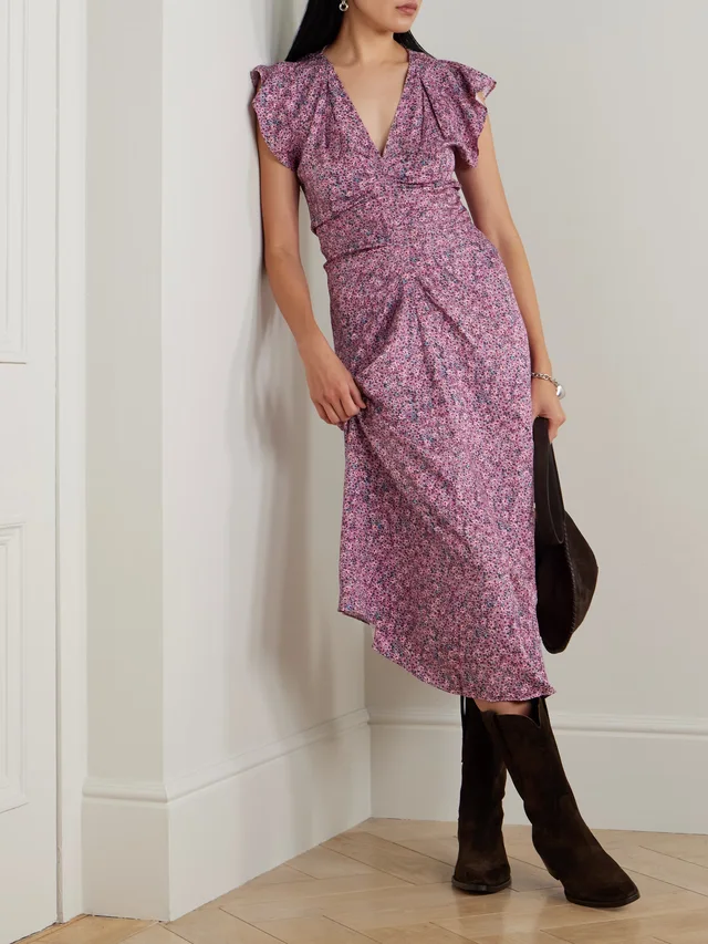 ISABEL MARANT Lyndsay gathered printed satin midi dress in Pink, photo 2 of 2 from NET-A-PORTER (Canada)