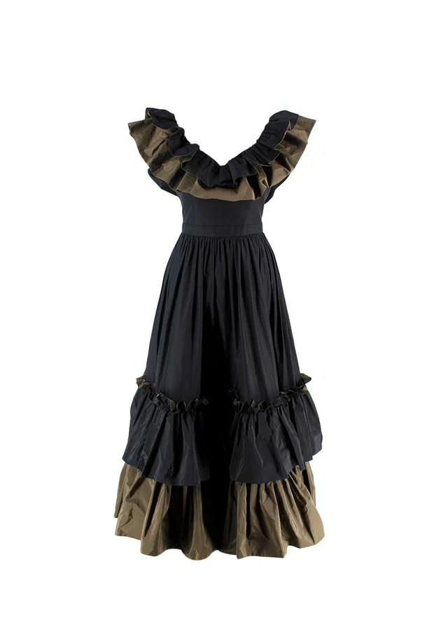 Alexander McQueen Black And Khaki Ruffled Midi Dress in Black Silk from HEWI