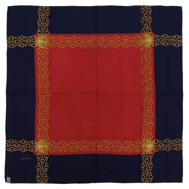 Chanel CC Mark Chain Pattern Scarf Red/Navy/Multi in Red Silk from VINTAGE QOO TOKYO, photo 10 of 10