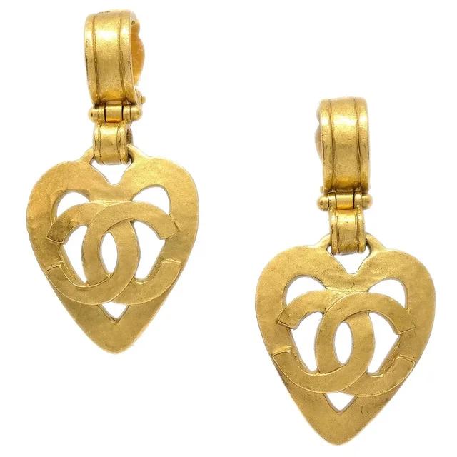 Chanel Dangle Heart Earrings Gold Clip-On 95P in Gold from AMORE Vintage Tokyo