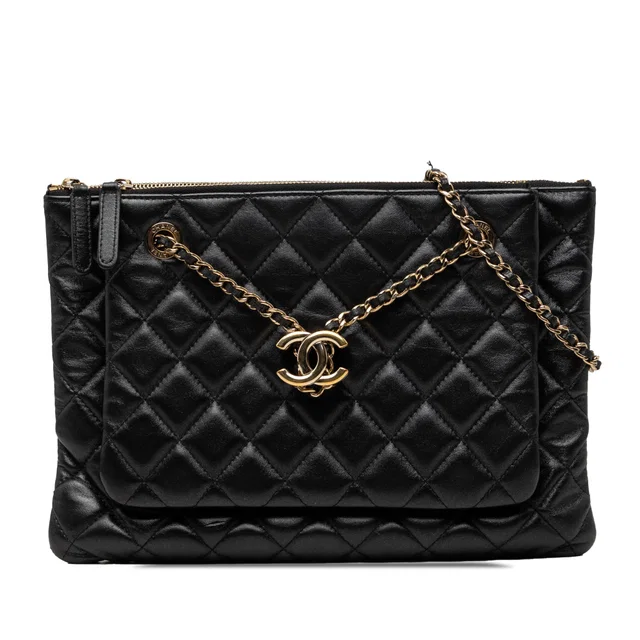 Black Chanel CC Quilted Lambskin Double Zip Crossbody in Black Lambskin from Designer Revival