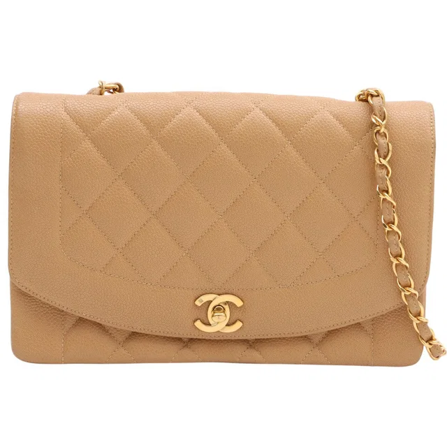Chanel Circa 1992 Caviar Skin Diana Flap Chain Bag 25cm Beige in Beige Caviar leather from VINTAGE QOO TOKYO