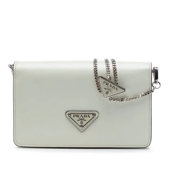 White Prada Mini Brushed Leather Chain Crossbody in White Leather from Designer Revival