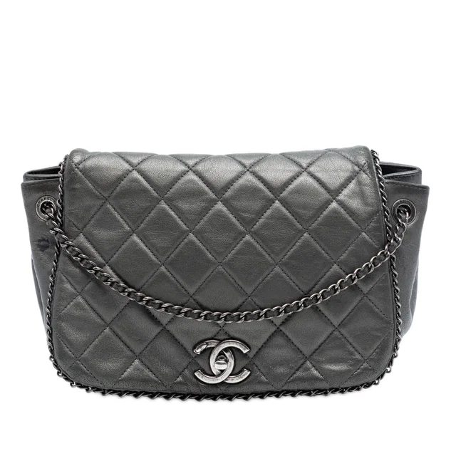 Gray Chanel Small Quilted Calfskin CC Enchained Accordion Flap Crossbody Bag in Grey Calfskin from Designer Revival