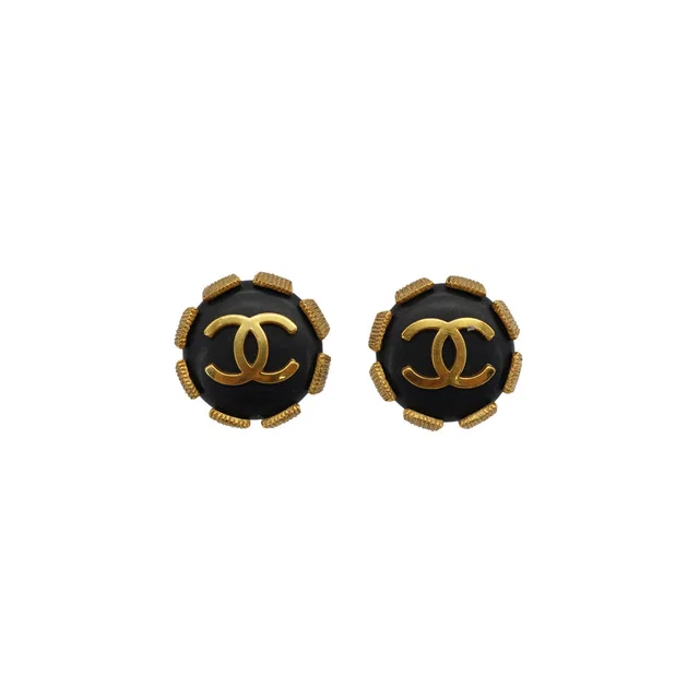 Chanel Vintage Earrings Cocomark Round Black Gold Accessory 94P in Black from Luxury Promise