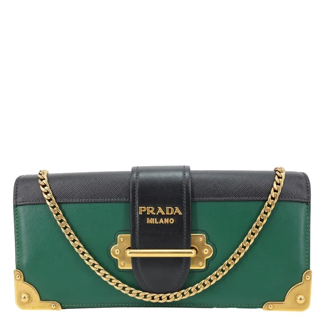Prada Cahier Calf Saffiano Leather Chain Clutch Emerald Green in Green Saffiano leather from Dallas Designer Handbags