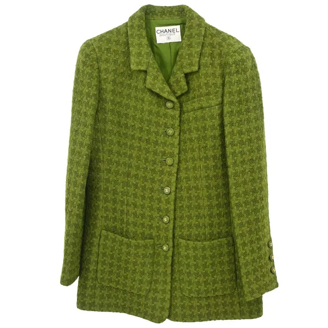 Chanel Single Breasted Jacket Tweed Houndstooth Green in Green Tweed from AMORE Vintage Tokyo