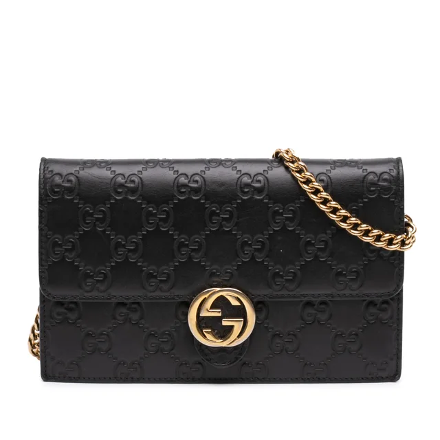 Black Gucci Guccissima Interlocking G Wallet on Chain Crossbody Bag in Black Leather from Designer Revival, photo 1 of 1