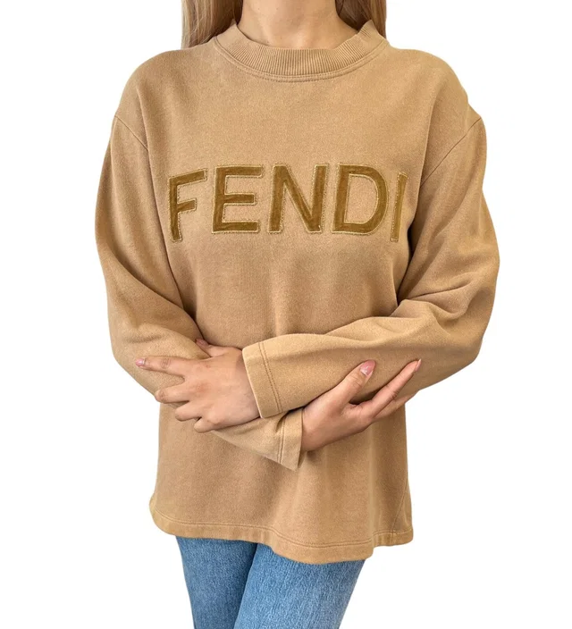 Fendi Vintage Big Logo Sweatshirt Top #38 Brown Cotton Velvet Long Sleeve in Brown Velvet from Luxury Promise