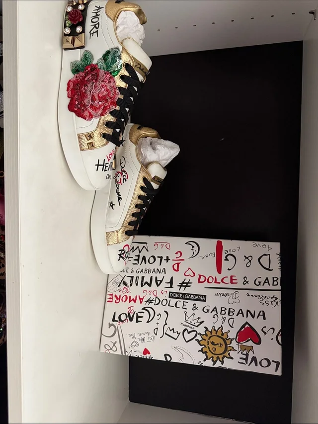 Dolce & Gabbana White Sneakers With Gold Trim And Red Rose Appliqu in gold|white from Poshmark