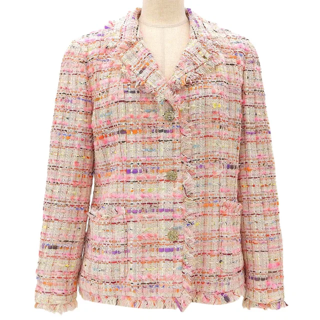 Chanel Tweed CC Mark Button Jacket #40 Pink/Multi in Pink Tweed from VINTAGE QOO TOKYO