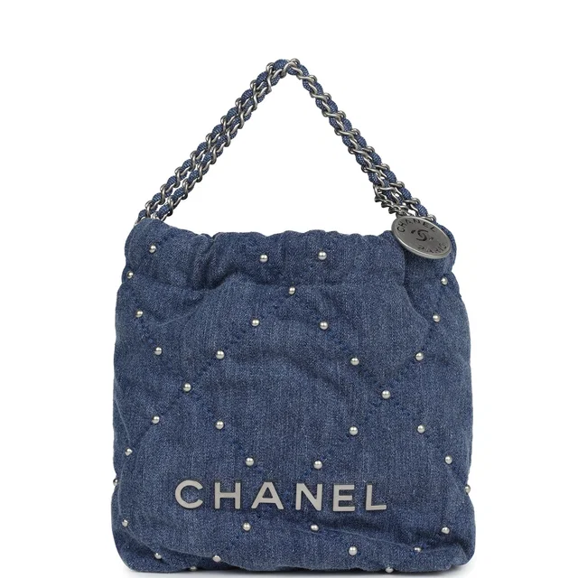 Chanel Mini 22 Bag Blue Studded Denim Silver Hardware in Blue Denim from Madison Avenue Couture