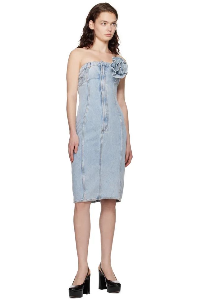 AREA Blue Flower Corsage Strapless Denim Midi Dress, photo 4 of 4 from SSENSE