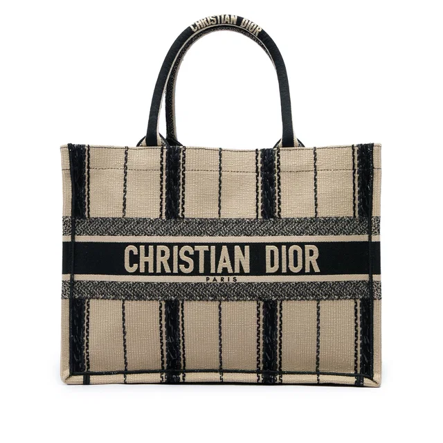 Beige Dior Medium Embroidered Canvas Bayadere Book Tote in Beige Canvas from Designer Revival