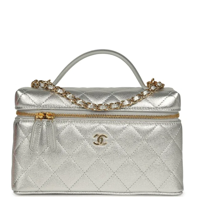 Chanel Top Handle Long Vanity Case in Silver Caviar leather from Madison Avenue Couture