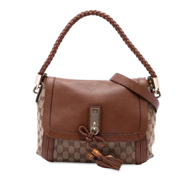 Beige Gucci GG Canvas Bella Flap Satchel in Beige Canvas from Designer Revival