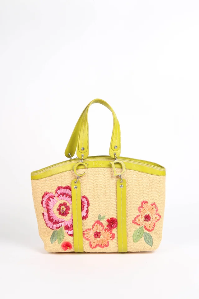 Limited Edition 2005 Christian Dior Floral Embroidered Raffia Tote Bag in Raffia from Break Archive