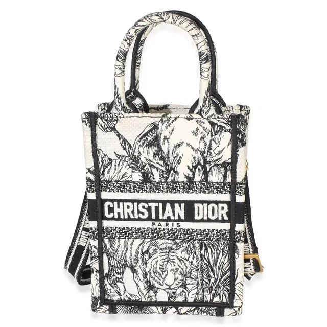 Dior Black White Embroidered Toile de Jouy Mini Book Tote Phone Bag in Black Canvas from myGemma
