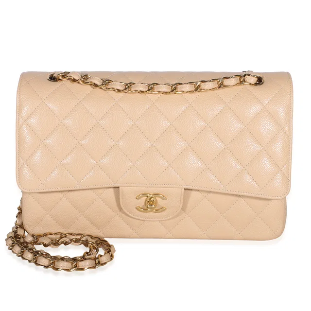 Chanel Beige Quilted Caviar Jumbo Double Flap Bag in Beige Caviar leather from myGemma