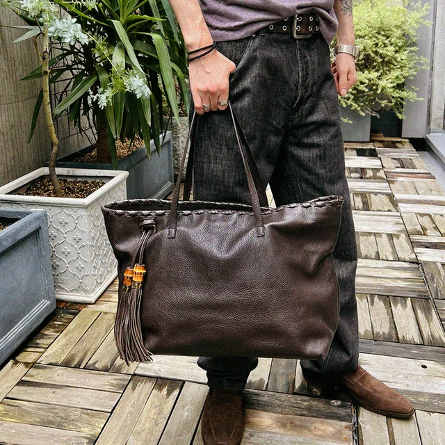 Gucci Bamboo Tassel Tote Bag Brown in Brown Leather from VINTAGE QOO TOKYO