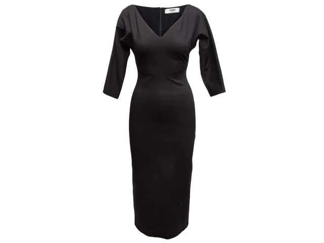 Black Fendi Fitted Wool Midi Dress Size IT 38 in Black Wool from Designer Revival