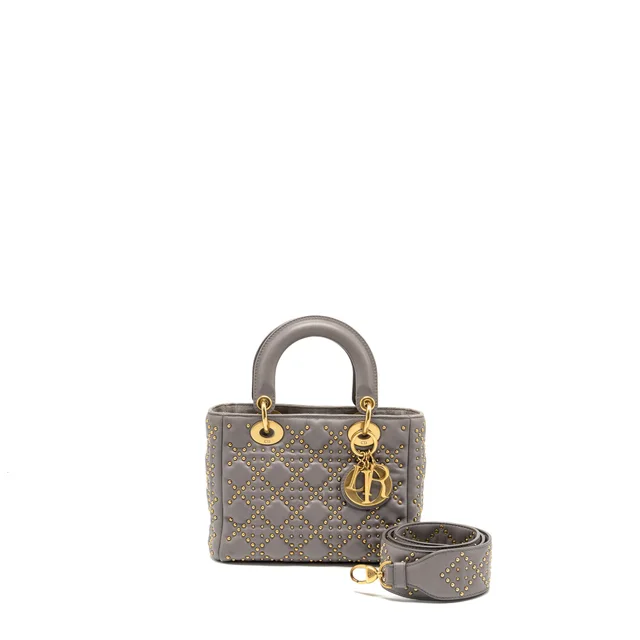 Small Supple Lady Dior Studded Calfskin Grey GHW in Grey Calfskin from EMIER