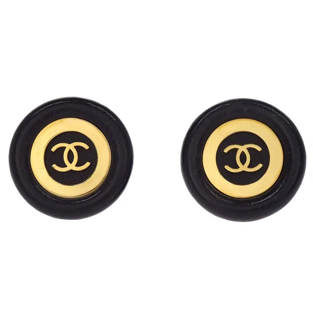 Chanel Button Clip-On Earrings Black 93P in Black Leather from AMORE Vintage Tokyo