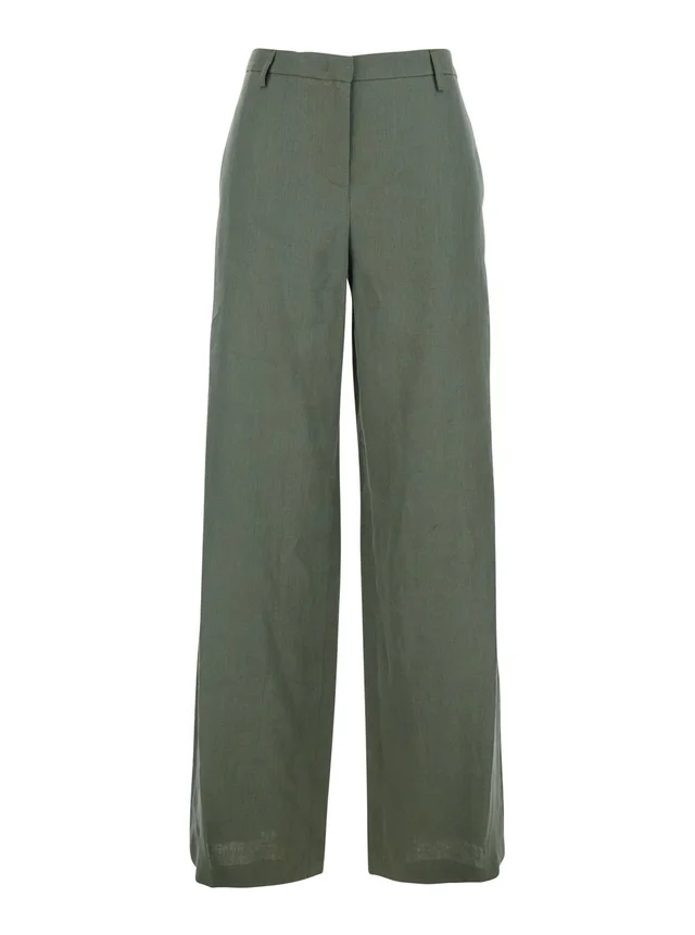 LEPLAIN Green Wide Leg Linen Pants with Belt Loops Woman in Green 100% Linen, photo 2 of 6 from Gaudenzi Boutique