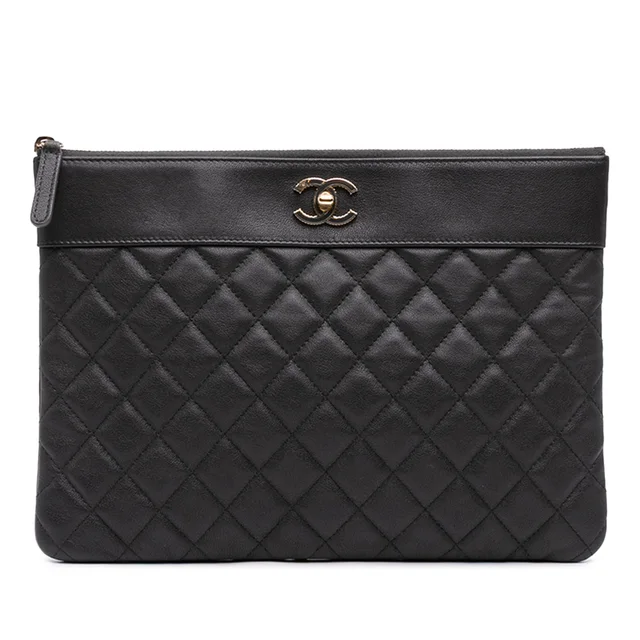 Black Chanel Medium Quilted Sheepskin Mademoiselle O Case Clutch in Black Leather from Designer Revival